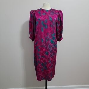 1980s Flora Kung Hot Pink&Green Silk Floral Drop Waist Dress Balloon Sleeves 10